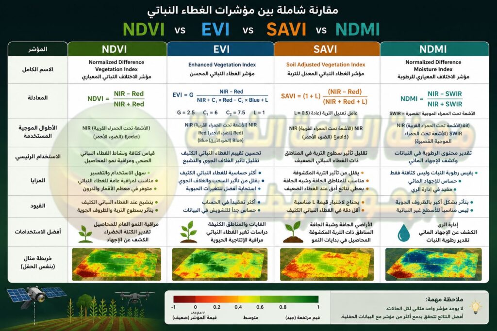 الفرق بين NDVI وEVI وSAVI وNDMI